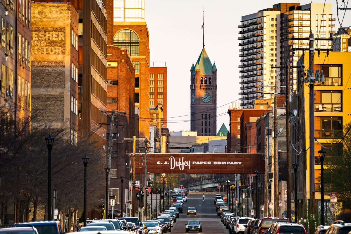 Minneapolis City Hall Tower Beyond the C.J. Duffey Paper Co. Sign