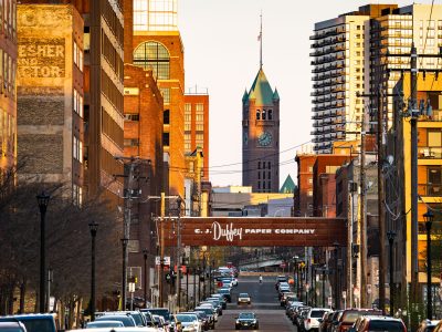 Minneapolis City Hall Tower Beyond the C.J. Duffey Paper Co. Sign