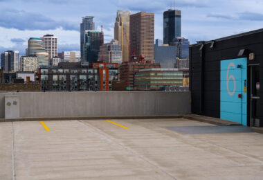 Minneapolis Skyline as seen from a parking garage on 10th Street in the North Loop, Downtown Minneapolis.