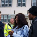 Minneapolis Mayor Jacob Frey meets with George Floyd's aunt Angela Harrelson and Minneapolis City Council President Andrea Jenkins at George Floyd Square.