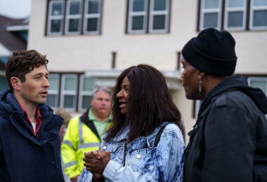 Minneapolis Mayor Jacob Frey meets with George Floyd's aunt Angela Harrelson and Minneapolis City Council President Andrea Jenkins at George Floyd Square.
