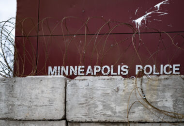 The Minneapolis Police third precinct building on May 1, 2022. The building was burned by protesters following the May 25, 2020 murder of George Floyd by Minneapolis police officer Derek Chauvin.
