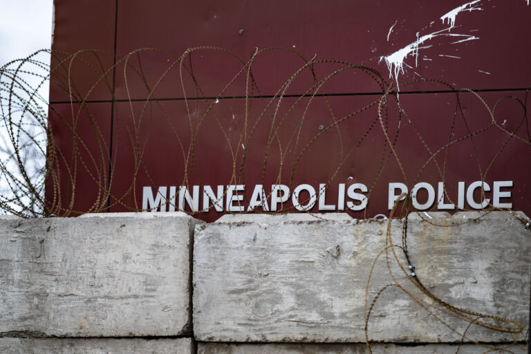 Minneapolis Police sign at the burned police station 3 The Minneapolis Police third precinct building on May 1, 2022. The building was burned by protesters following the May 25, 2020 murder of George Floyd by Minneapolis police officer Derek Chauvin.