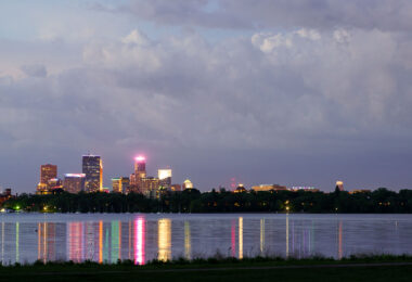 Minneapolis as seen near Thomas Beach on Bde Maka Ska.