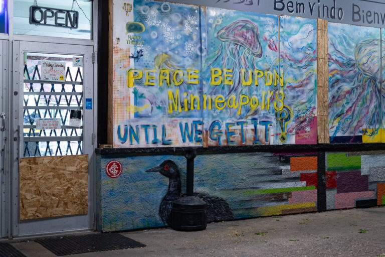 Mural on boards at the Loon Smoke Shop 4 A mural on boards covering the windows at the Loon Smoke Shop on Lyndale Ave in Minneapolis.