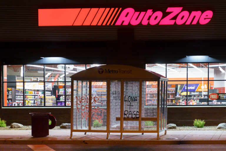 Never Forget May 28th graffiti on Bus Shelter in Minneapolis 1 Graffiti on a bus shelter across from the Minneapolis police third precinct on the 2nd anniversary of the Minneapolis police station being burned following the murder of George Floyd.