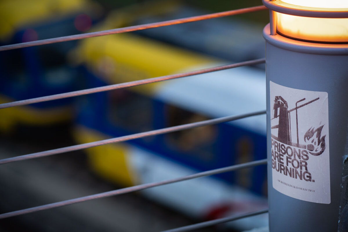 “Prisons are for burning” sticker in Minneapolis