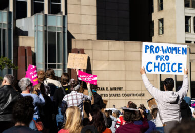Protesters gather at the Federal Courthouse in downtown Minneapolis in support of abortion rights.