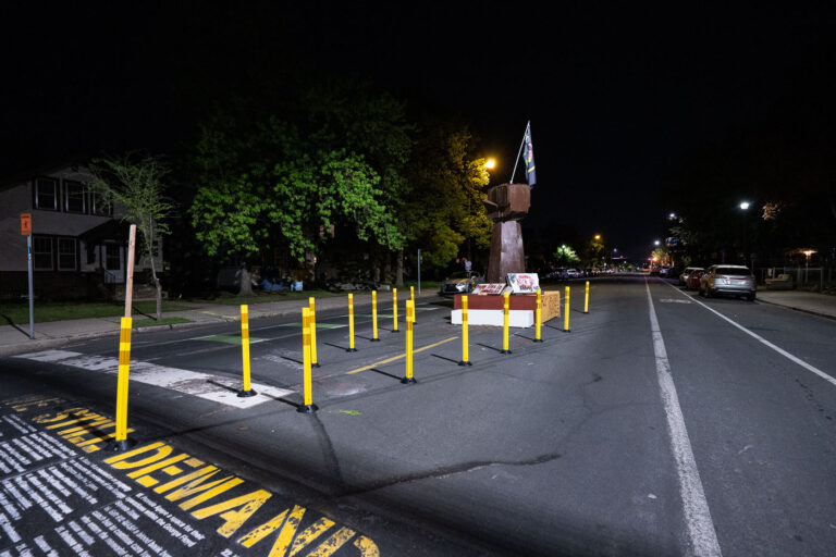 The raised first at 39th Street and Chicago Avenue in George Floyd Square. The area has been a place of protest since the May 25, 2020 murder of George Floyd.