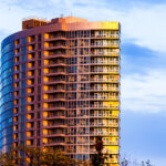 Sunset reflections on LPM Apartment tower in Loring Park, Minneapolis.
