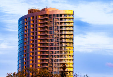 Sunset reflections on LPM Apartment tower in Loring Park, Minneapolis.