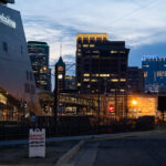 US Bank Stadium during blue hour in downtown Minneapolis.