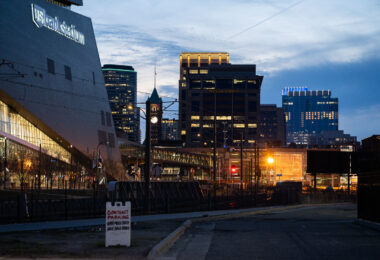 US Bank Stadium during blue hour in downtown Minneapolis.