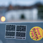 Stickers referring to Minneapolis Mayor Jacob Frey. Reading “Weak Mayor” and “Don’t Rank Frey”.