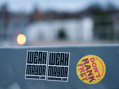 Minneapolis: "Weak Mayor" and "Don't Rank Frey" Stickers