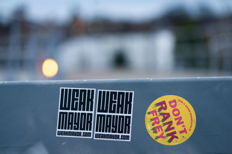 Weak Mayor Don't Rank Frey stickers in Minneapolis 2 Stickers referring to Minneapolis Mayor Jacob Frey. Reading “Weak Mayor” and “Don’t Rank Frey”.