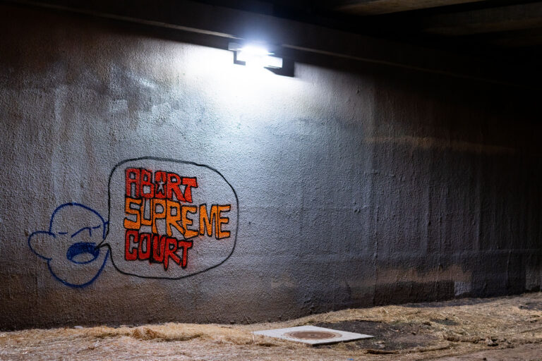 Abort Supreme Court Graffiti, Midtown Greenway 1 “Abort Supreme Court” graffiti is painted on a wall along the Midtown Greenway in Minneapolis.