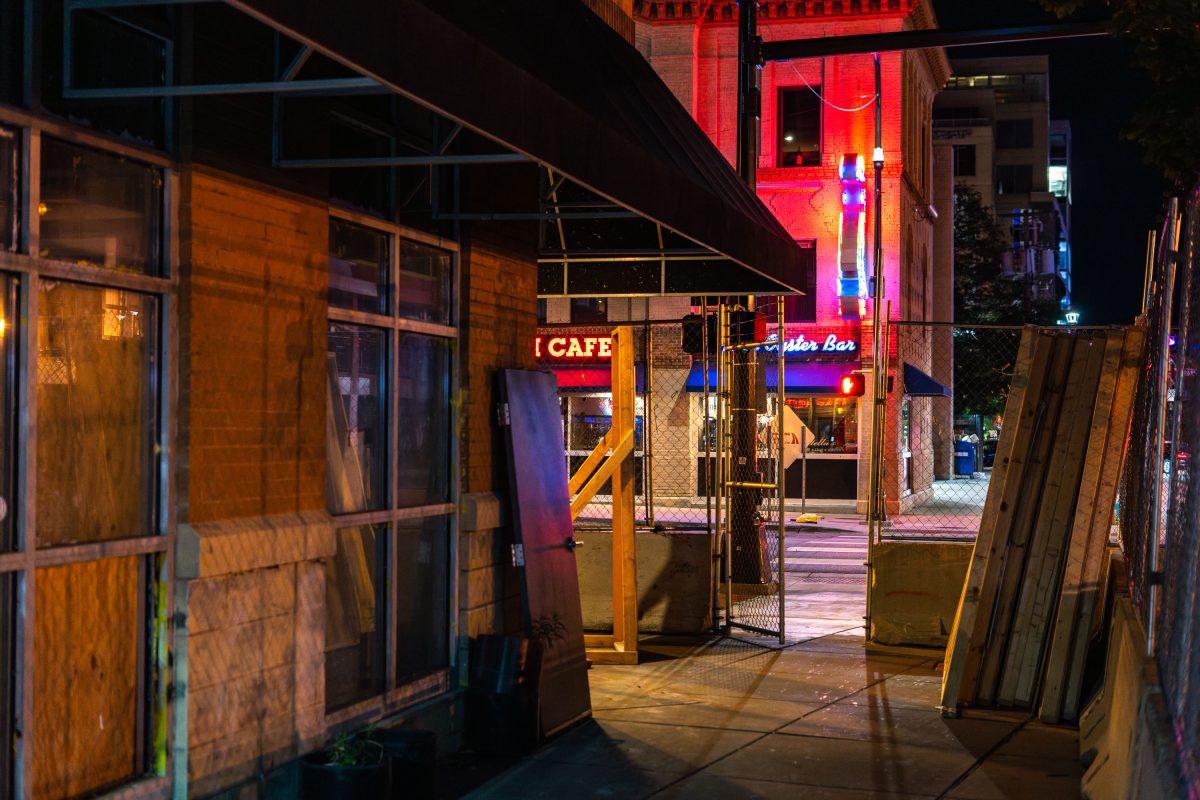 Boards and fencing at Seven Points Mall in Uptown Minneapolis