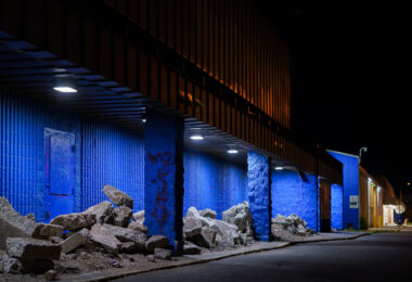 Large boulders placed to prevent homeless from camping outside a long vacant Supervalu store in South Minneapolis.