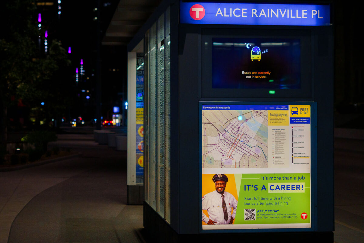 "Buses are currently not in service" at Alice Rainville Place in Minneapolis.