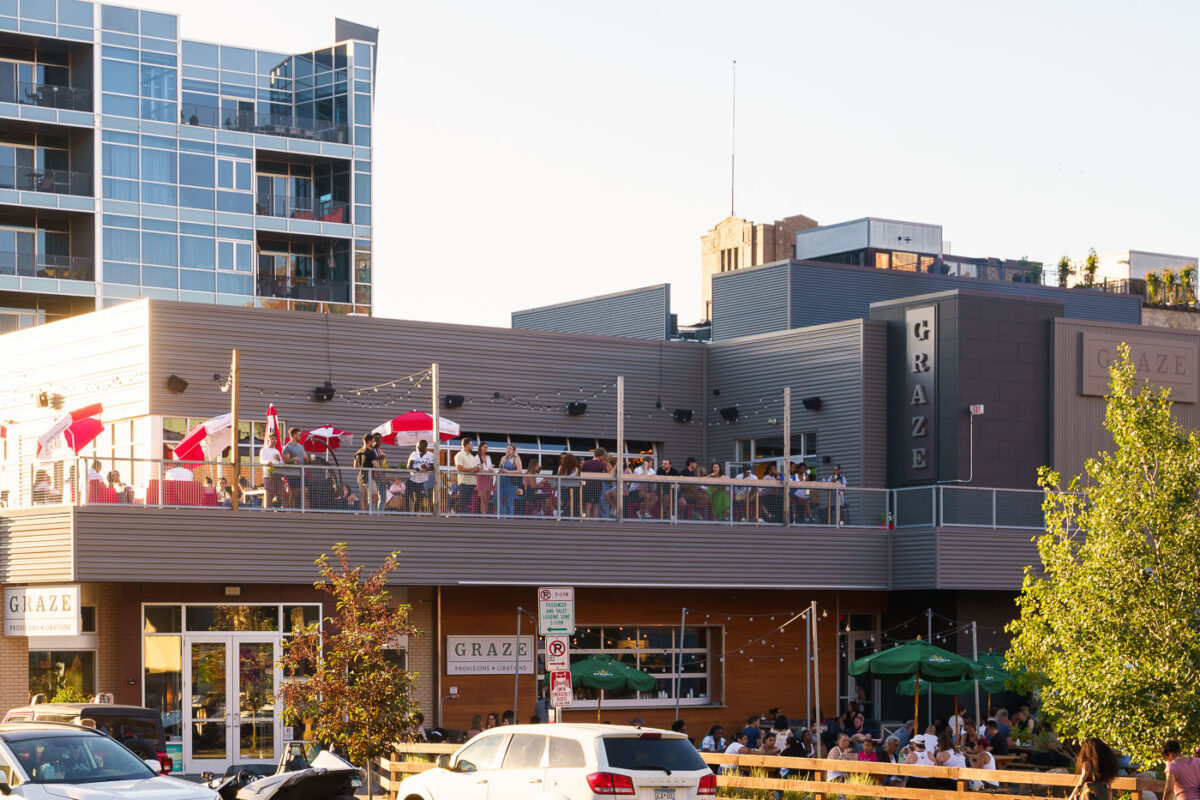 A full rooftop patio at Graze in Minneapolis's North Loop.