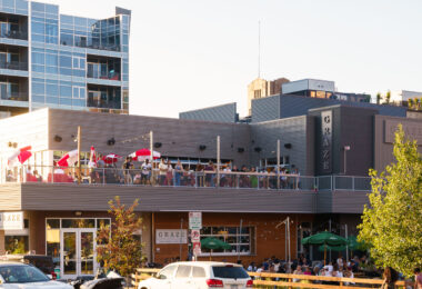 A full rooftop patio at Graze in Minneapolis's North Loop.