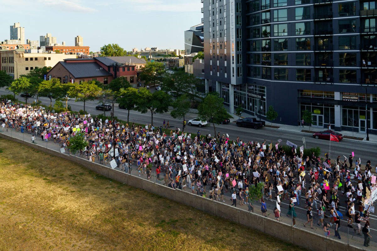 Looking down at protesters marching in Minneapolis on June 24th, 2020 following the Supreme Court overturning Roe V. Wade.