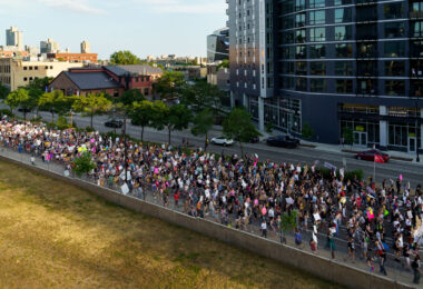 Looking down at protesters marching in Minneapolis on June 24th, 2020 following the Supreme Court overturning Roe V. Wade.