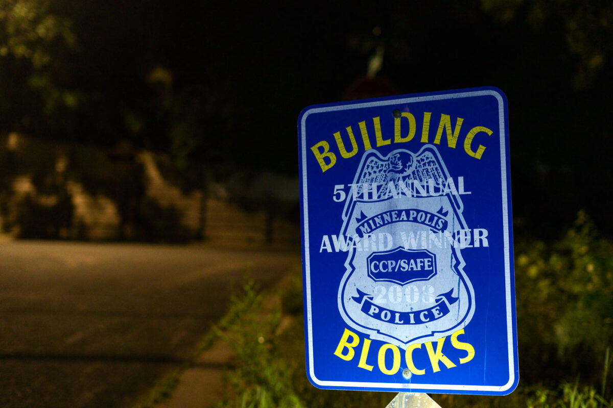 A Building Blocks Minneapolis Police sign in South Minneapolis.