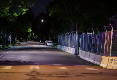 Security fencing around the Minneapolis police 5th precinct police station. The precinct was surrounded by fencing and concrete barriers during the Derek Chauvin murder trial.