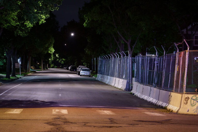 Minneapolis Police Fifth Precinct Chauvin Trial Security 2 Security fencing around the Minneapolis police 5th precinct police station. The precinct was surrounded by fencing and concrete barriers during the Derek Chauvin murder trial.