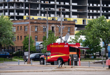 A mobile ATM at the site of what was a Wells Fargo bank.
