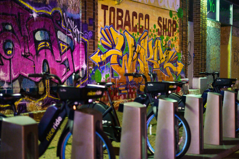Nice Ride Bikes by Graffiti Mural, South Minneapolis 1 Nice Ride bike rentals rack in Minneapolis