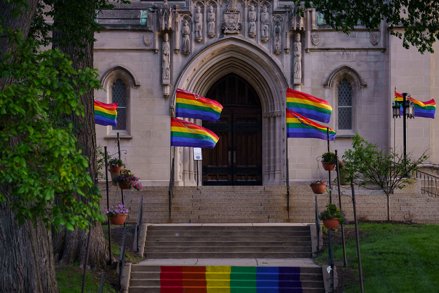 Pride flags hanging at a church in Loring Park Minneapolis