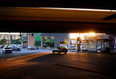 Sun goes down under the I-35W bridge in Minneapolis.