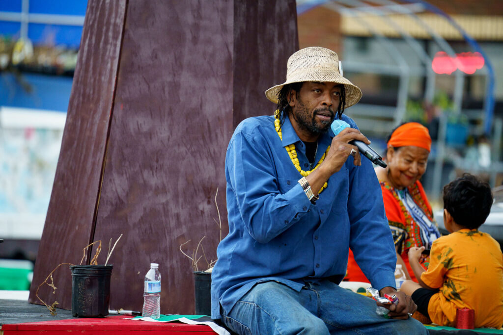 A “Solidarity with Akron” rally at George Floyd Square yesterday where Floyd’s aunt, Angela Harrelson, and gardener, Jay Webb, spoke with others about community and solidarity with Jayland Walker. Artists are working on the raised fist sculpture they say will be sent to Akron.