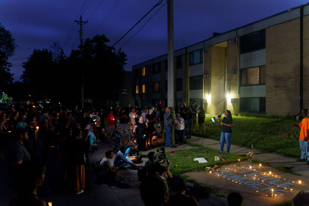 Marcia Howard speaks to those gathered outside of the apartment where Tekle Sundberg was killed by police in a standoff.