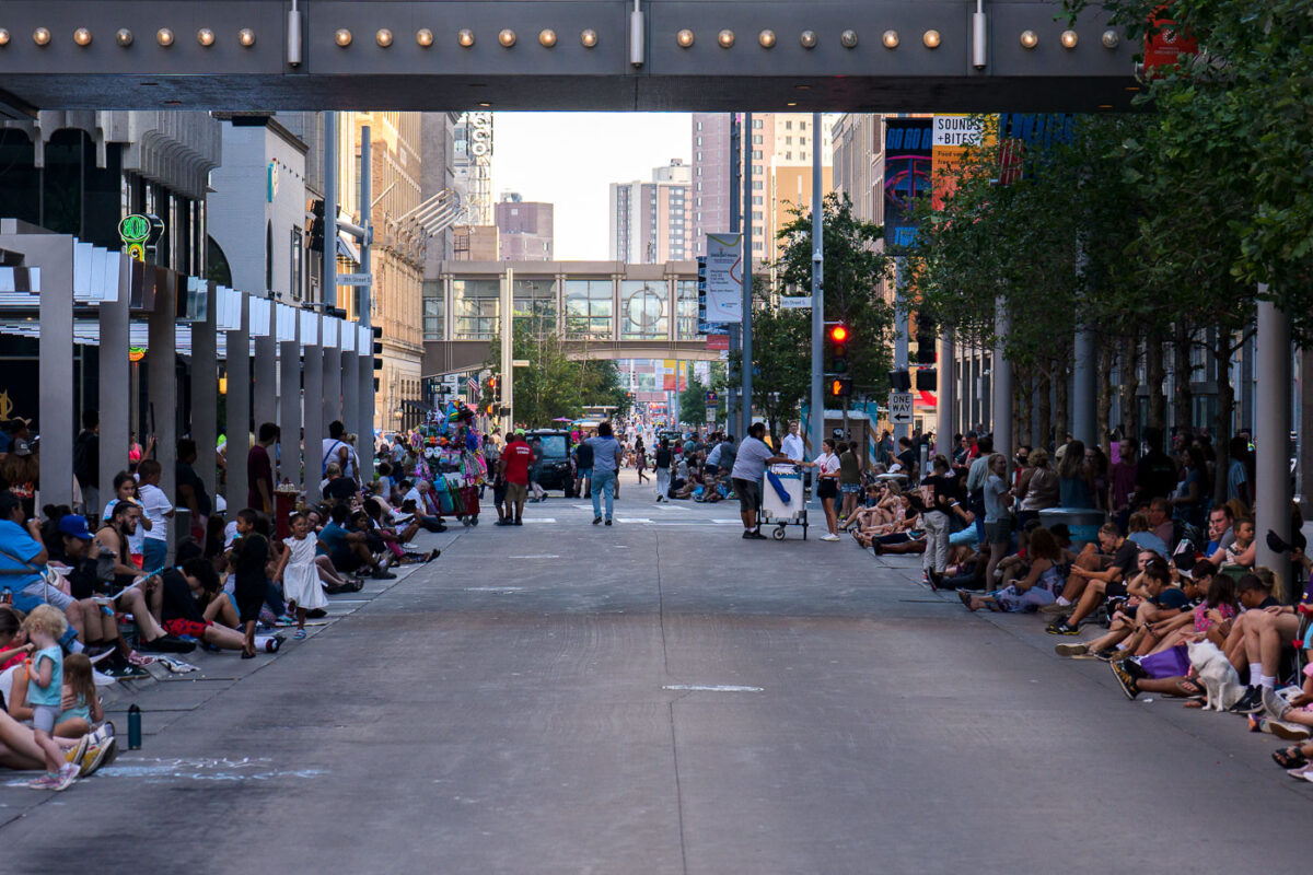 People gather for the Torchlight Parade in downtown Minneapolis.