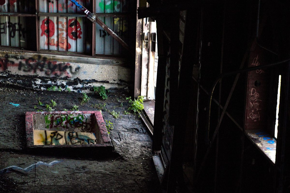 Deteriorated interior of the abandoned Fruen Mill in Minneapolis showing graffitied brick, vegetation, and broken windows.