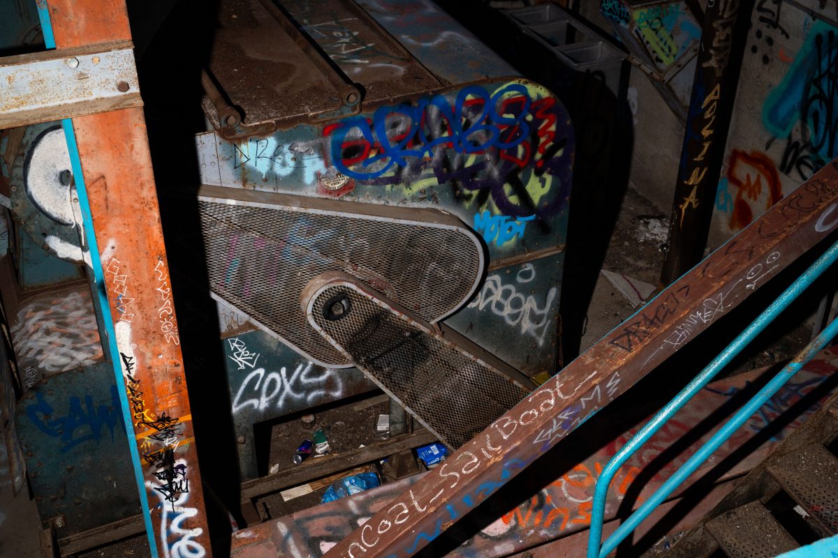 Discarded amplifier covered in graffiti inside the abandoned Fruen Mill in Minneapolis.