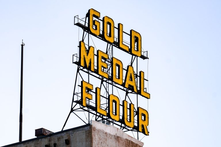 Gold Medal Flour Sign, Mississippi Riverfront, Minneapolis 3 Gold Medal Flour neon sign atop a grain elevator in downtown Minneapolis.