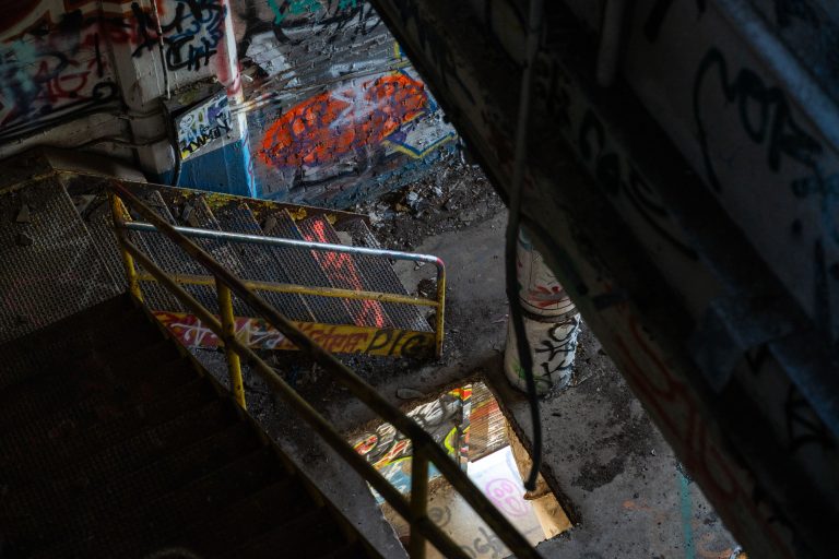 Graffiti-Covered Stairwell, Fruen Mill, Minneapolis 3 Graffitied metal staircase inside the abandoned Fruen Mill grain elevator in Minneapolis.