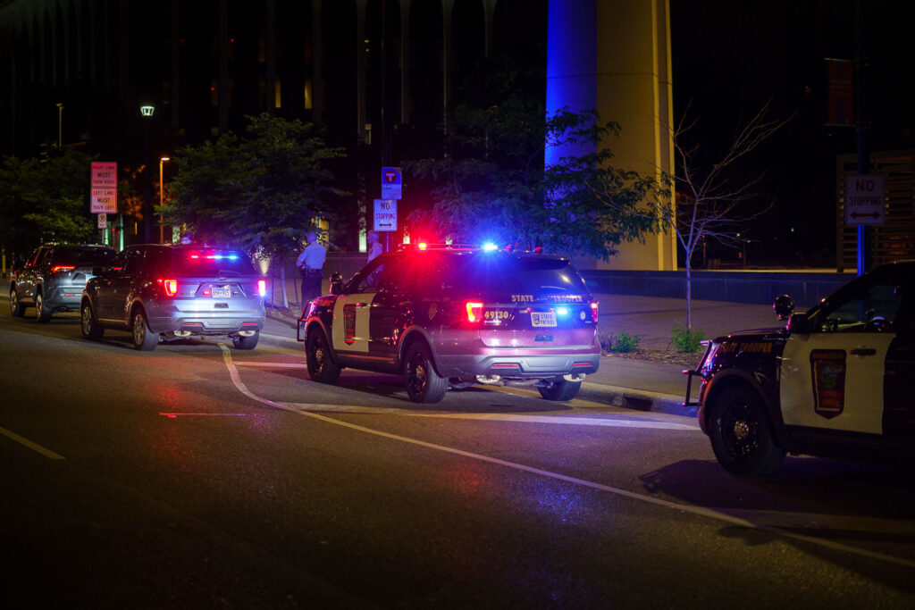 Minnesota State Patrol pulls over a driver in downtown Minneapolis.