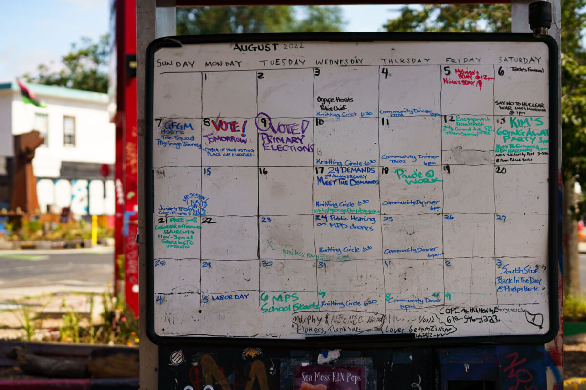 The Calendar at The People's Way inside George Floyd Square. The board has shown community events.