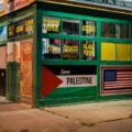 A corner store in South Minneapolis with a Palestine and American flag on the side.