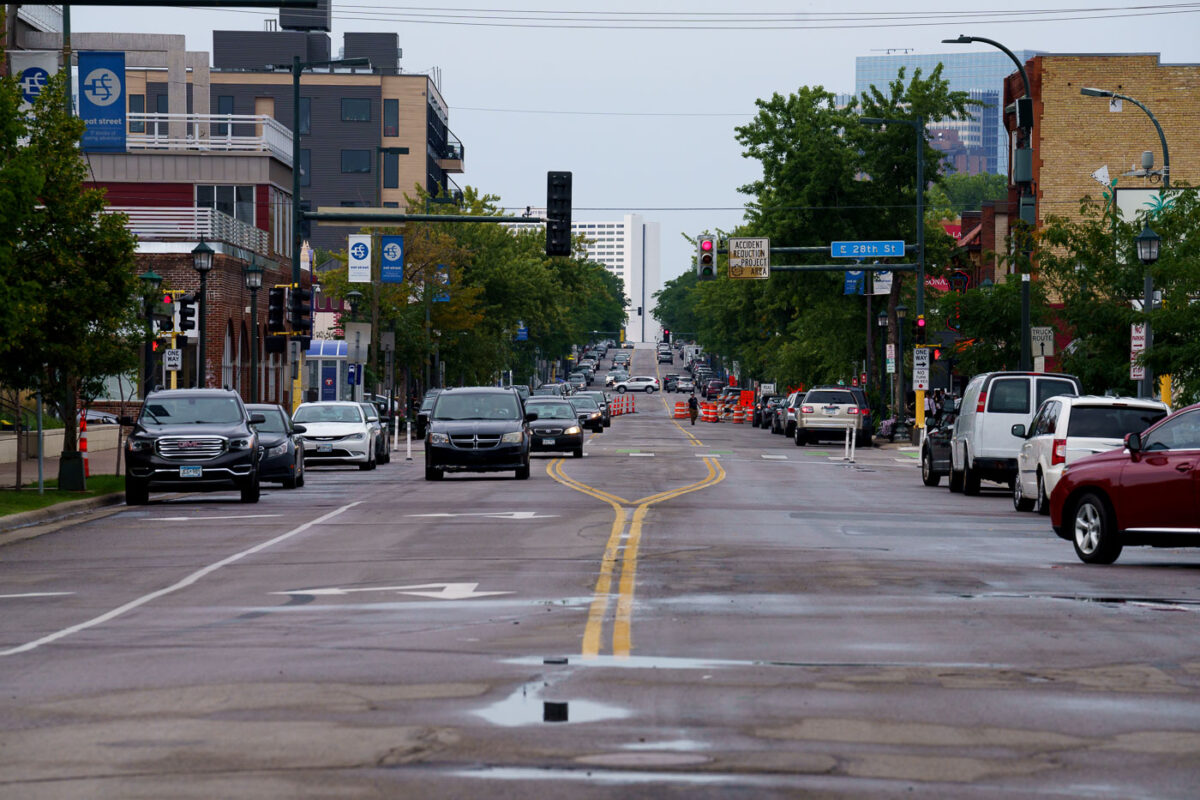 Looking down Nicollet Avenue towards Downtown Minneapolis.