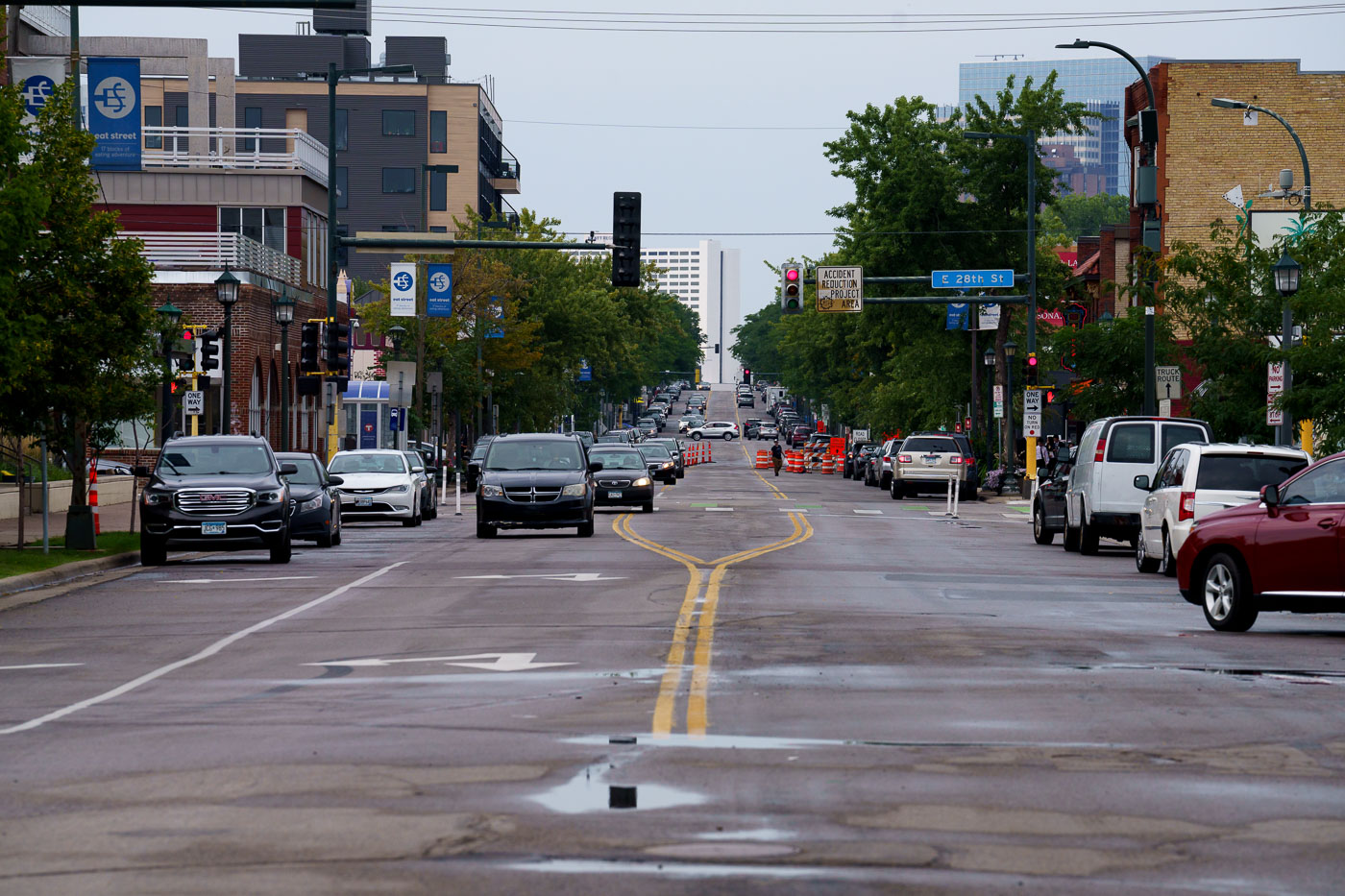 Looking down Nicollet Ave towards Downtown Minneapolis