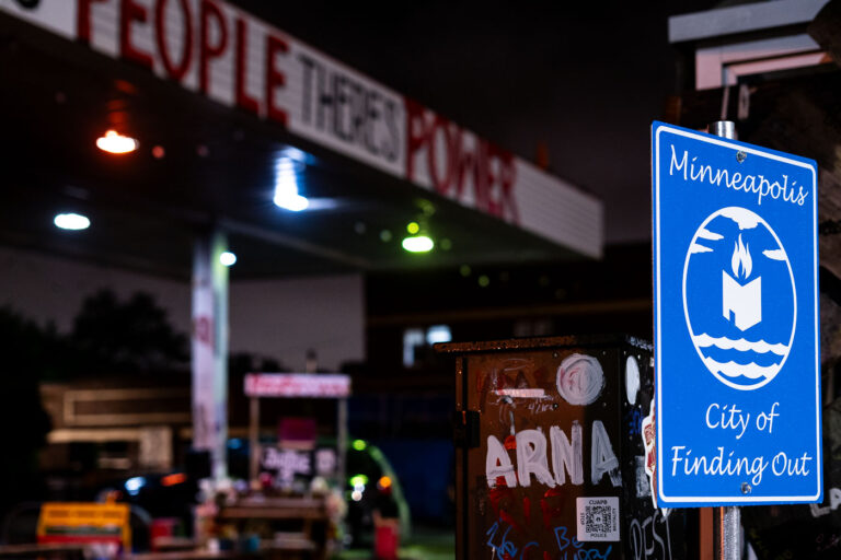 Minneapolis the City of Finding Out 3 A sign at George Floyd Square reading "Minneapolis City of Finding Out”. The area has been a protest since the May 25, 2020 murder of George Floyd.