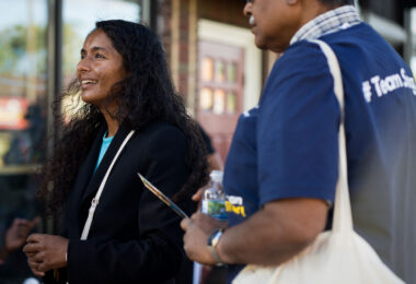 Saraswati Singh, a candidate for Hennepin County Attorney at George Floyd Square for a "Community Conversation - Let's talk about public safety". The panel included other candidates as well as the interim Chief of Police.
