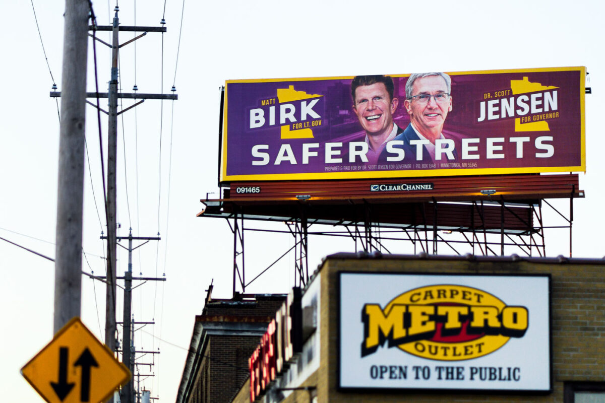 A billboard for candidate for Governor Scott Jensen and Matt Birk in North Minneapolis.